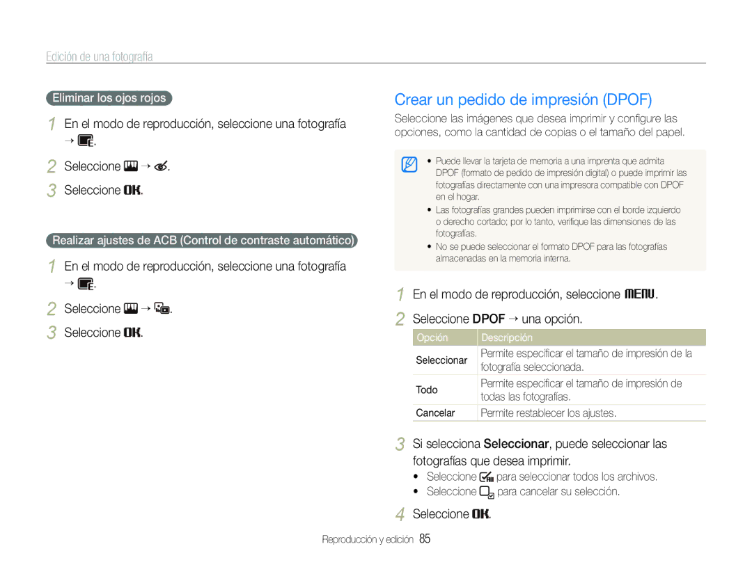 Samsung EC-ST600ZBPBGB, EC-ST600ZBPLE1, EC-ST600ZBPBE1 manual Crear un pedido de impresión Dpof, Eliminar los ojos rojos 