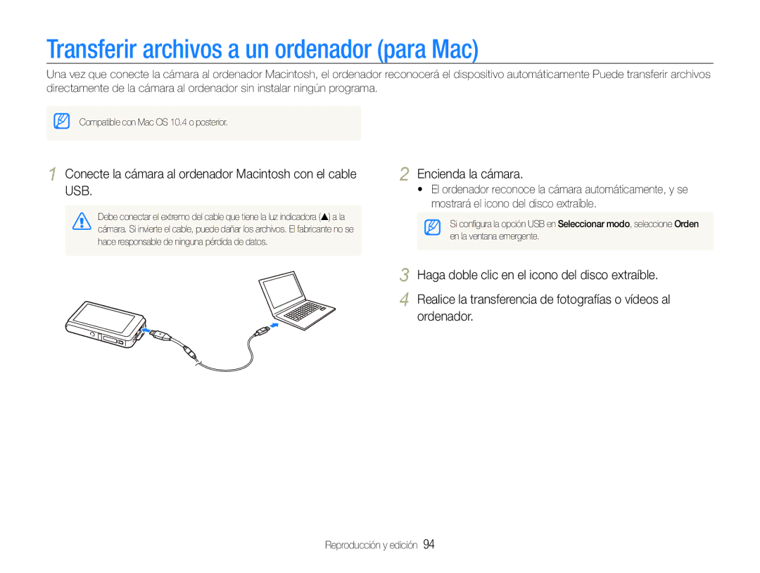 Samsung EC-ST600ZBPGE1, EC-ST600ZBPLE1, EC-ST600ZBPBE1, EC-ST600ZBPBGB manual Transferir archivos a un ordenador para Mac 