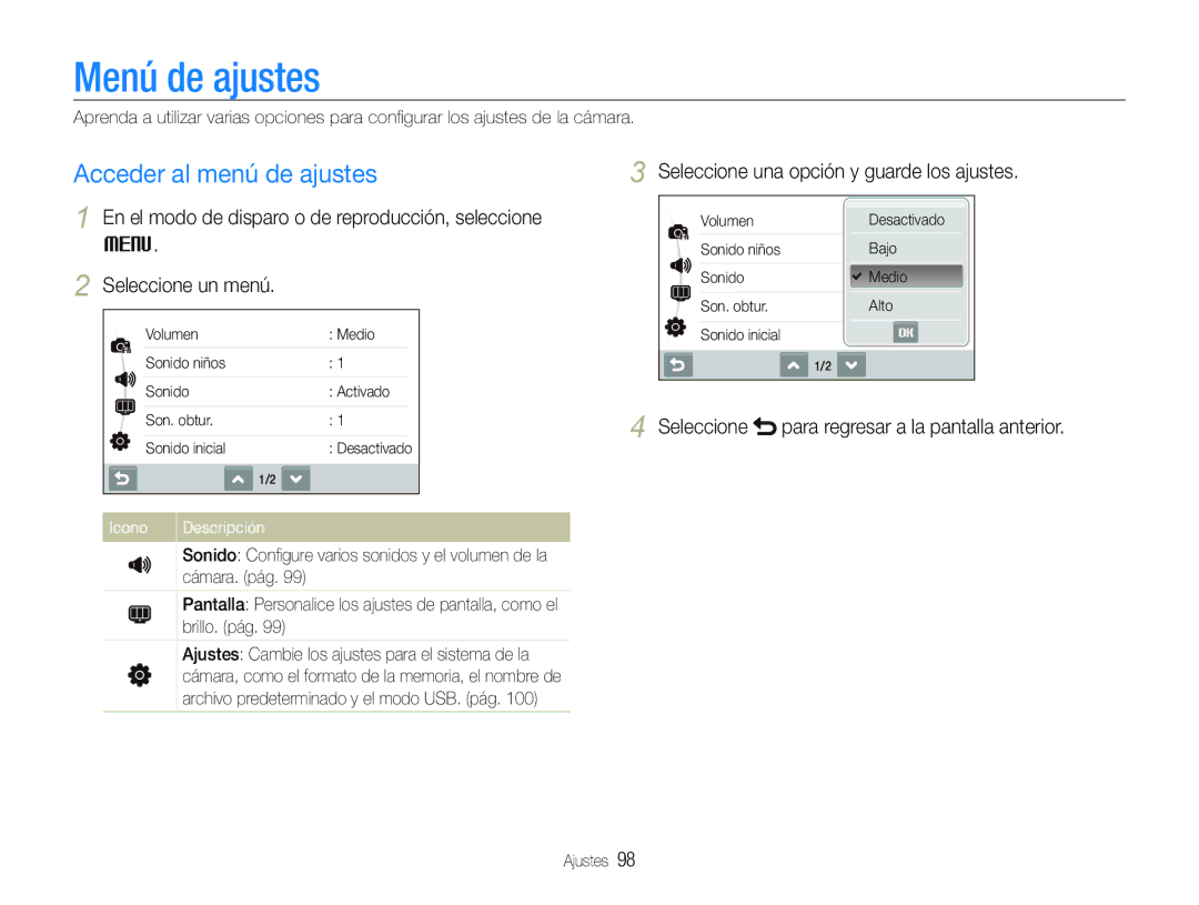 Samsung EC-ST600ZBPGE1 Menú de ajustes, Acceder al menú de ajustes, Seleccione una opción y guarde los ajustes, Ajustes 