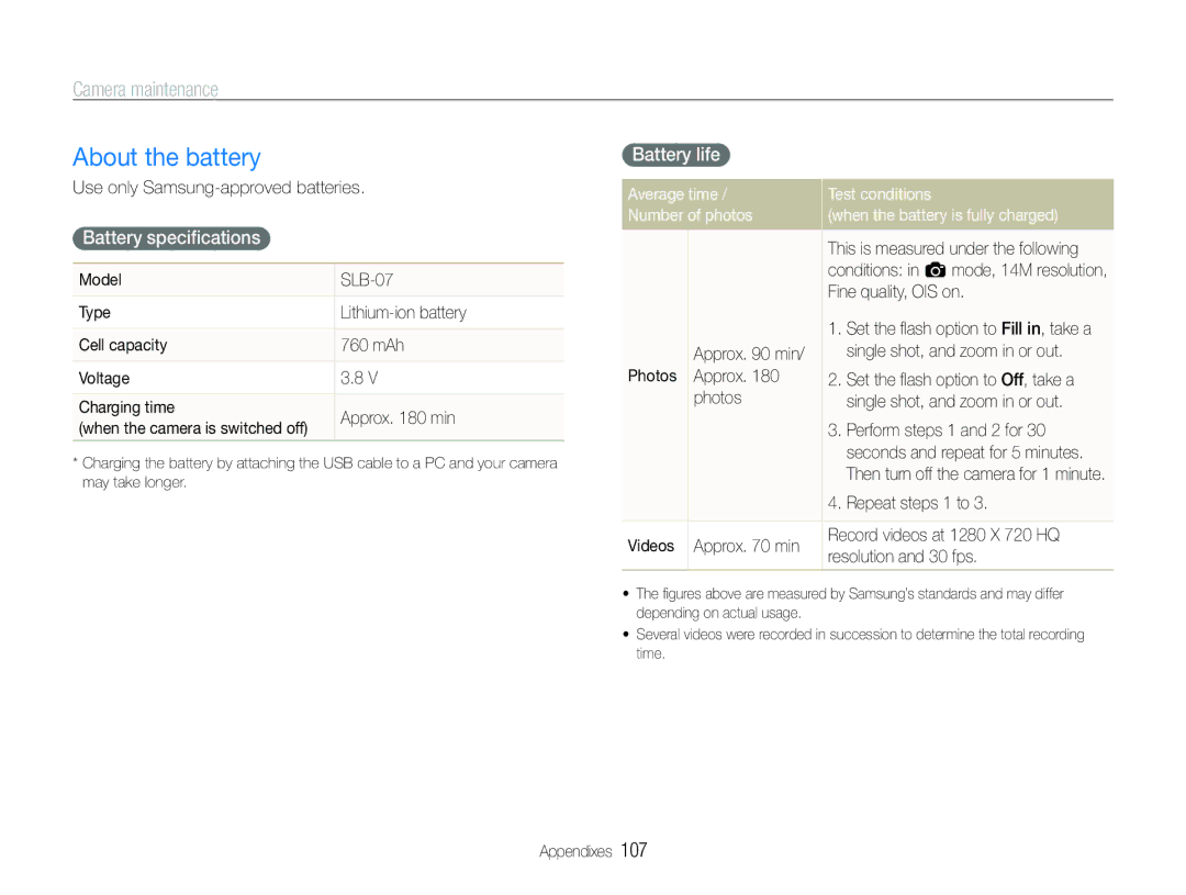 Samsung EC-ST600ZBPGIL, EC-ST600ZBPLE1, EC-ST600ZBPBE1 manual About the battery, Battery speciﬁcations, Battery life 