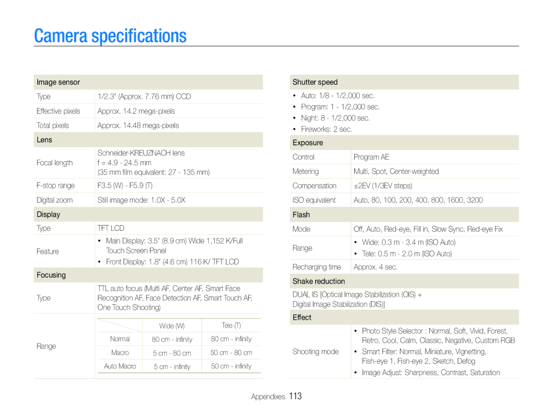 Samsung EC-ST600ZBPLIT, EC-ST600ZBPLE1, EC-ST600ZBPBE1, EC-ST600ZBPBIT, EC-ST600ZBPPIT, EC-ST600ZBPBGB Camera speciﬁcations 