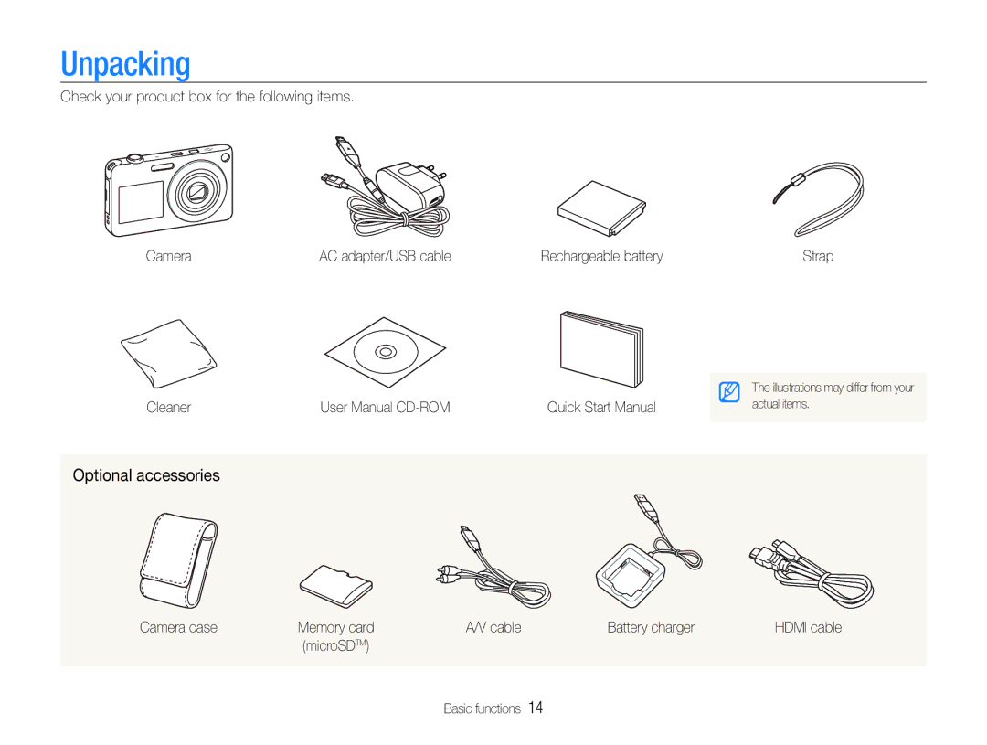 Samsung EC-ST600ZBPBRU, EC-ST600ZBPLE1, EC-ST600ZBPBE1, EC-ST600ZBPBIT, EC-ST600ZBPPIT manual Unpacking, Optional accessories 