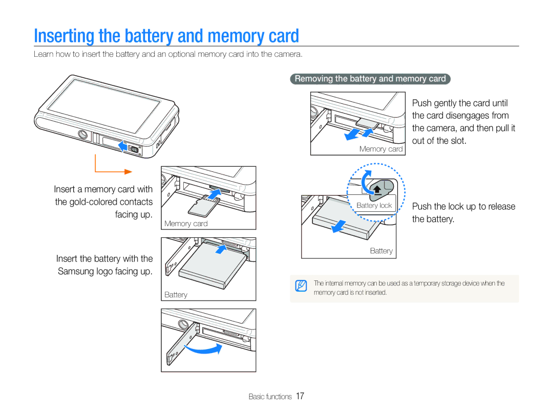 Samsung EC-ST600ZBPLIL manual Inserting the battery and memory card, Battery, Removing the battery and memory card 