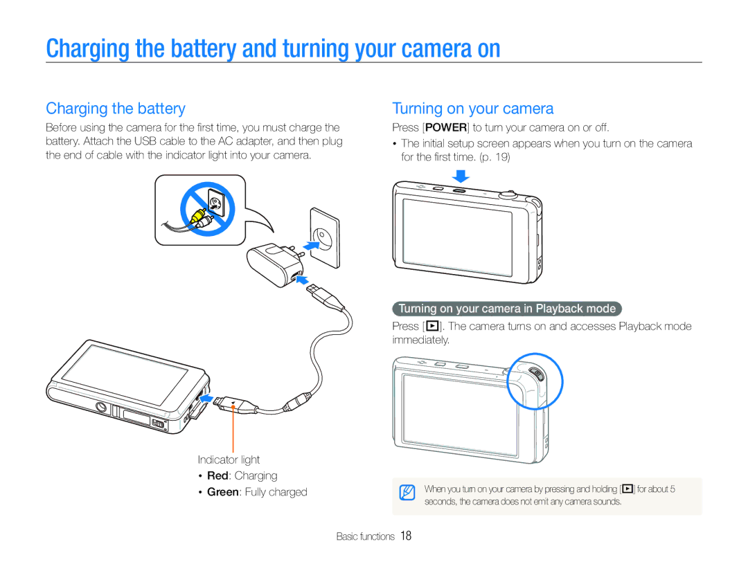 Samsung EC-ST600ZDDGTH, EC-ST600ZBPLE1 manual Charging the battery and turning your camera on, Turning on your camera 