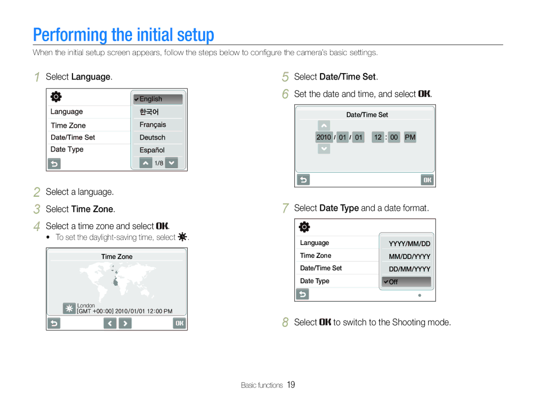 Samsung EC-ST600ZBPGIL, EC-ST600ZBPLE1, EC-ST600ZBPBE1 Performing the initial setup, Select Date Type and a date format 