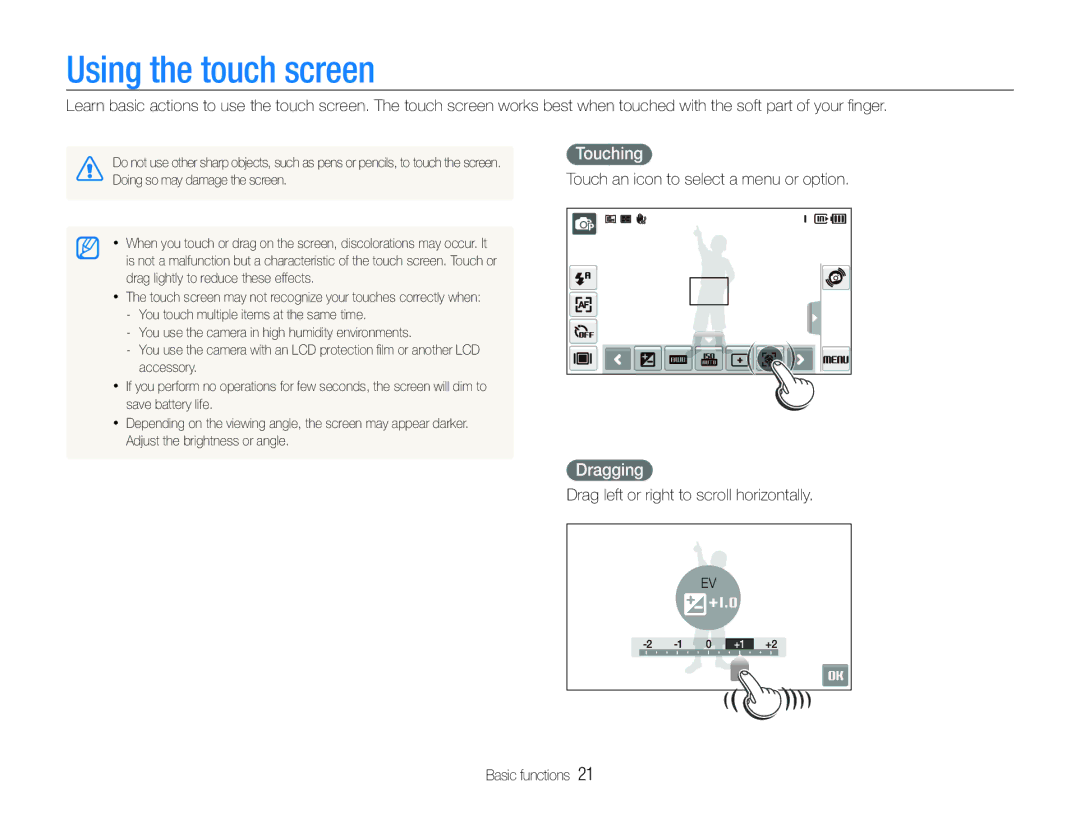 Samsung EC-ST600ZBPLE1 manual Using the touch screen, Touching, Dragging, Touch an icon to select a menu or option 