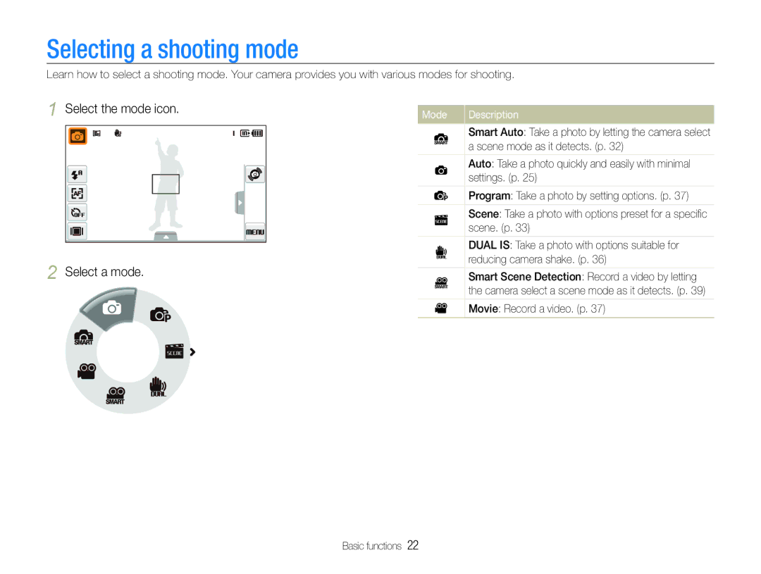 Samsung EC-ST600ZBPBE1, EC-ST600ZBPLE1 Selecting a shooting mode, Select the mode icon Select a mode, Mode Description 