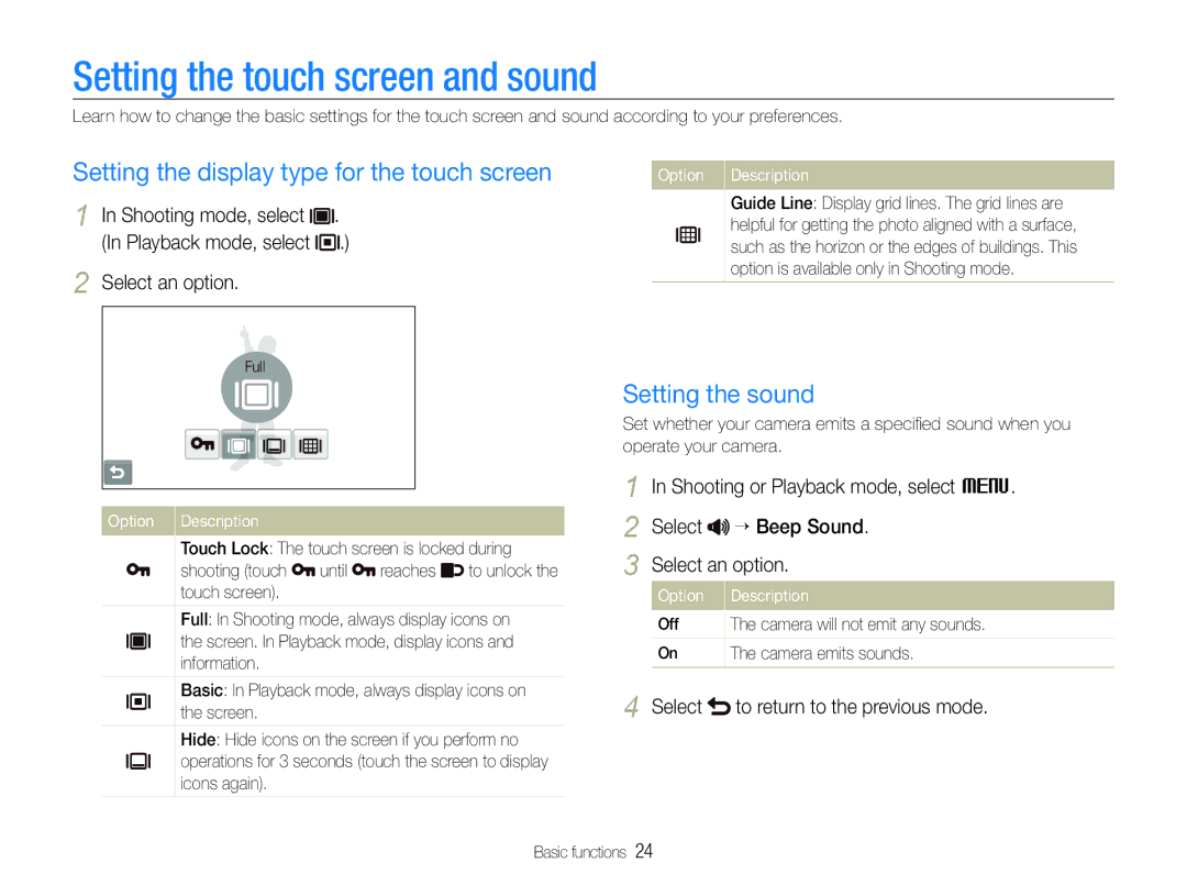 Samsung EC-ST600ZBPPIT Setting the touch screen and sound, Setting the display type for the touch screen, Select an option 