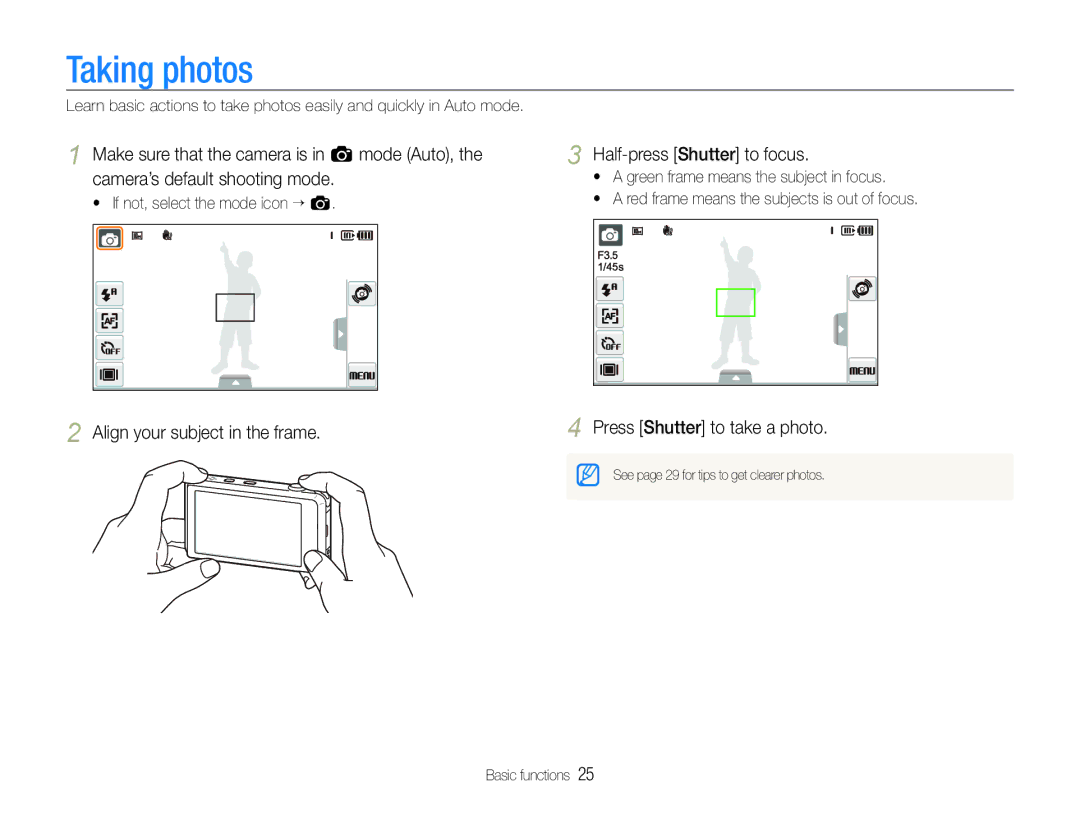 Samsung EC-ST600ZBPLIT, EC-ST600ZBPLE1 manual Taking photos, Align your subject in the frame Half-press Shutter to focus 