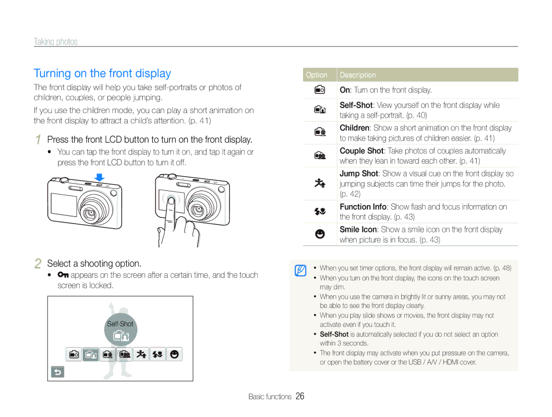 Samsung EC-ST600ZBPBGB, EC-ST600ZBPLE1 manual Turning on the front display, Taking photos, Select a shooting option 