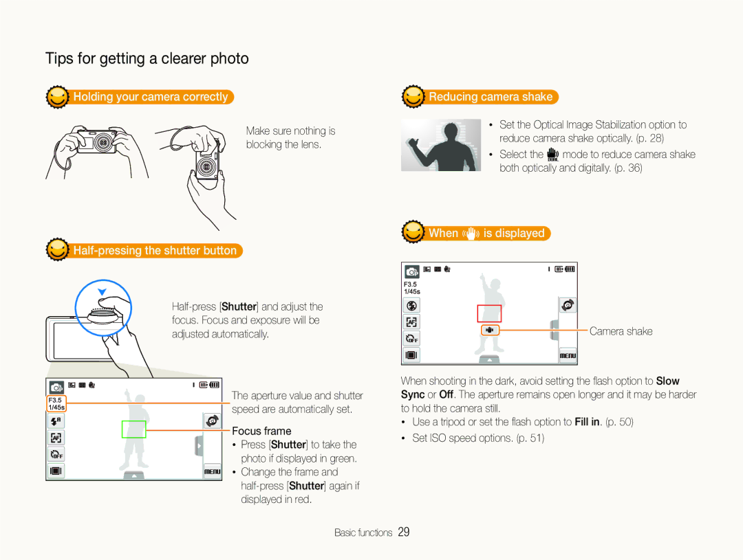 Samsung EC-ST600ZBPGE3 Holding your camera correctly, Half-pressing the shutter button, Reducing camera shake, Focus frame 