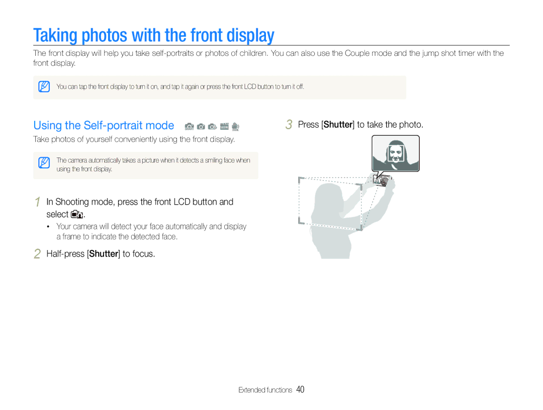 Samsung EC-ST600ZDDGTH, EC-ST600ZBPLE1 manual Taking photos with the front display, Using the Self-portrait mode S a p s d 