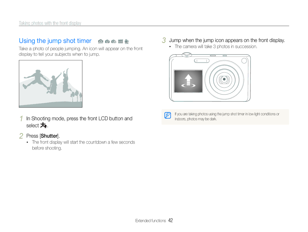 Samsung EC-ST600ZBPBIL, EC-ST600ZBPLE1 manual Using the jump shot timer S a p s d, Camera will take 3 photos in succession 