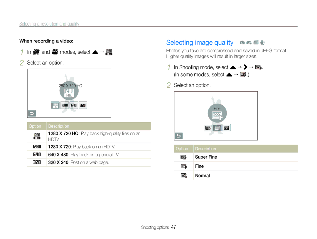 Samsung EC-ST600ZBPLIT, EC-ST600ZBPLE1 manual Selecting image quality a p s d, Selecting a resolution and quality, Option 