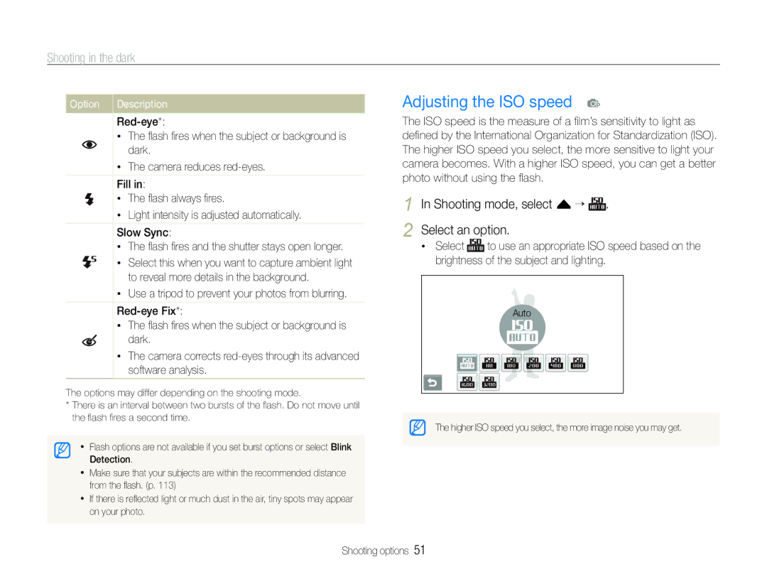 Samsung EC-ST600ZBPGE3 manual Adjusting the ISO speed p, Shooting in the dark, Shooting mode, select f “ Select an option 