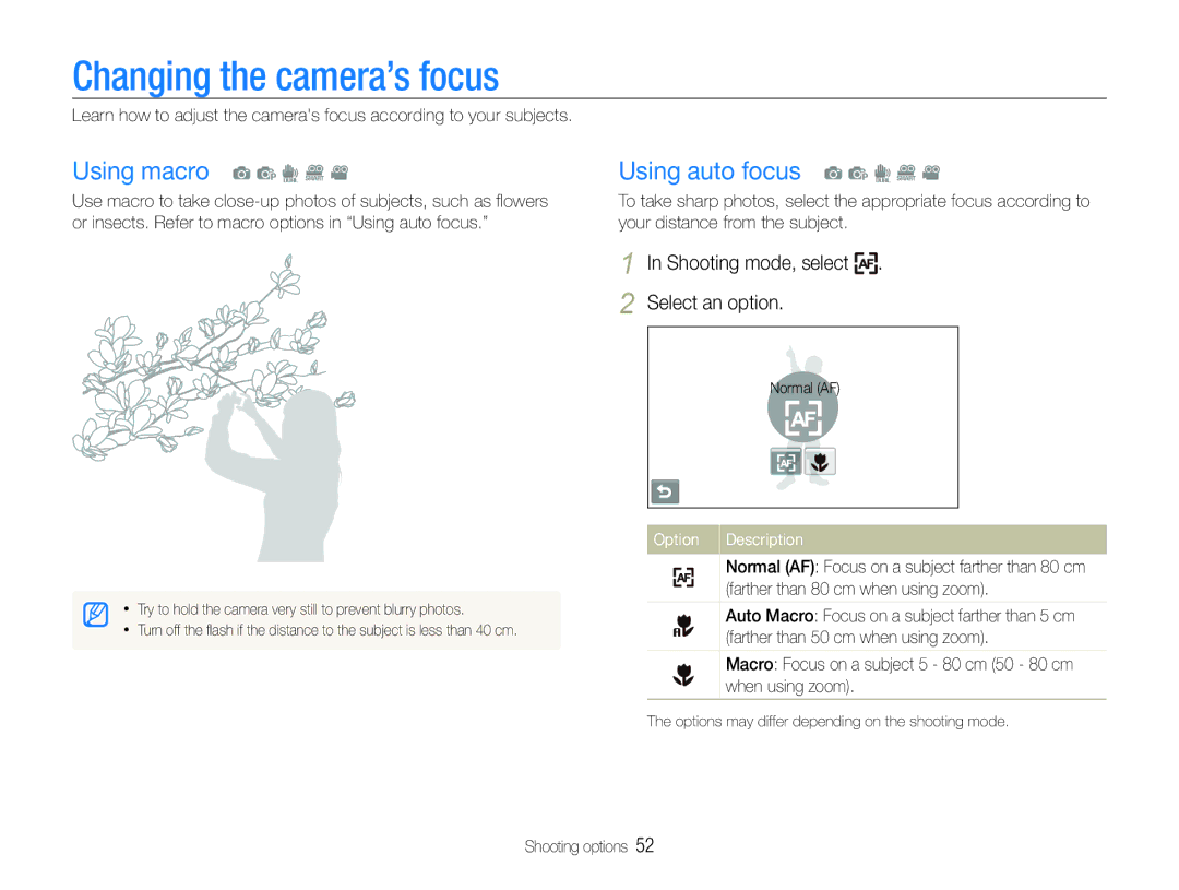 Samsung EC-ST600ZBPBE3, EC-ST600ZBPLE1 manual Changing the camera’s focus, Using macro a p d D, Using auto focus a p d D 