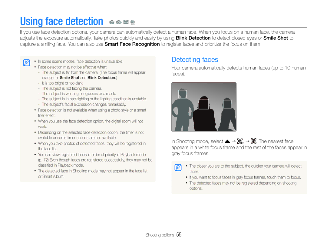 Samsung EC-ST600ZBPLE2, EC-ST600ZBPLE1, EC-ST600ZBPBE1, EC-ST600ZBPBIT manual Using face detection a p s d, Detecting faces 