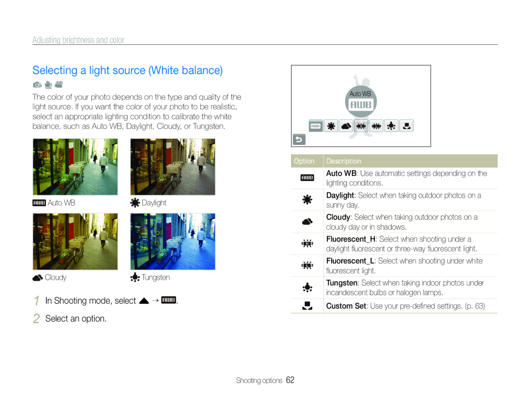 Samsung EC-ST600ZDDGTH, EC-ST600ZBPLE1 Selecting a light source White balance, Shooting mode, select f ““ Select an option 