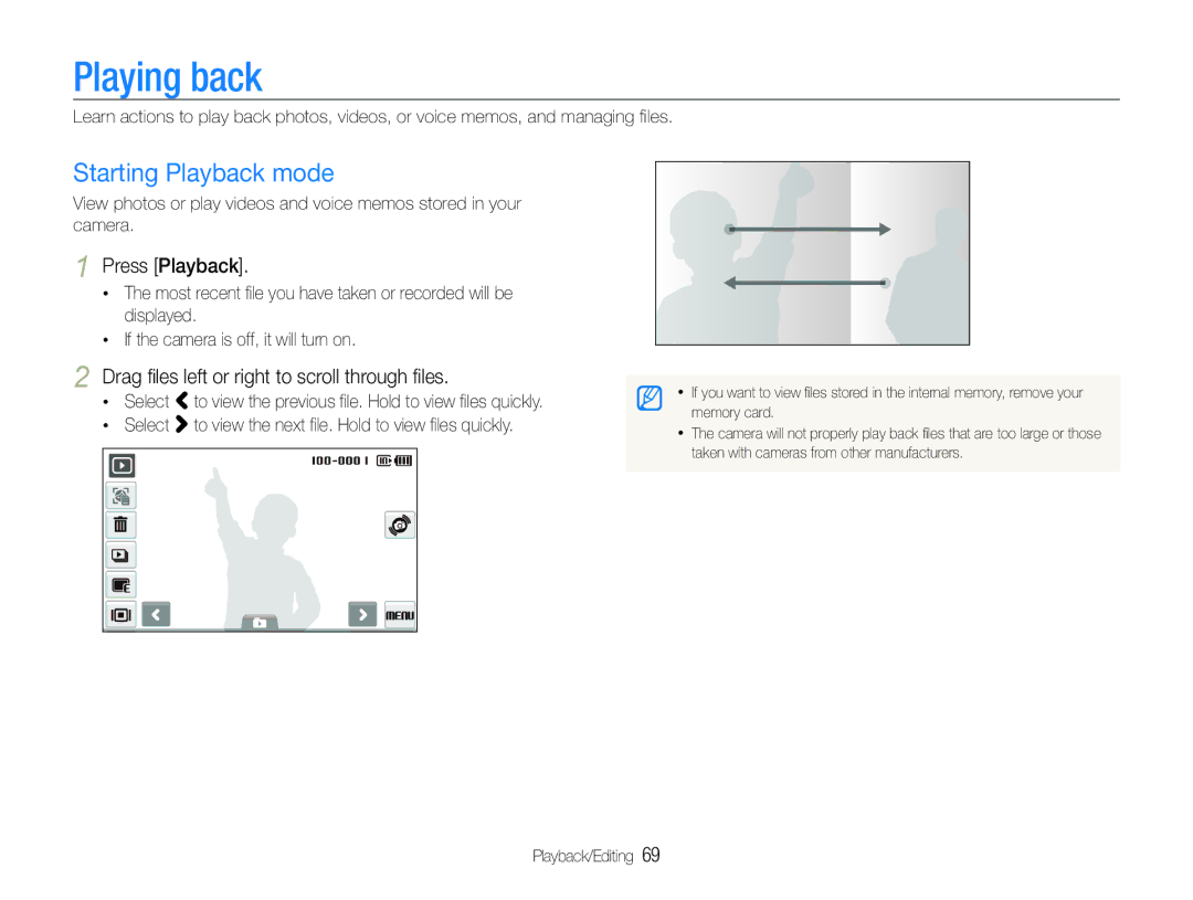 Samsung EC-ST600ZBPLIT, EC-ST600ZBPLE1 manual Playing back, Starting Playback mode, Press Playback, Playback/Editing 