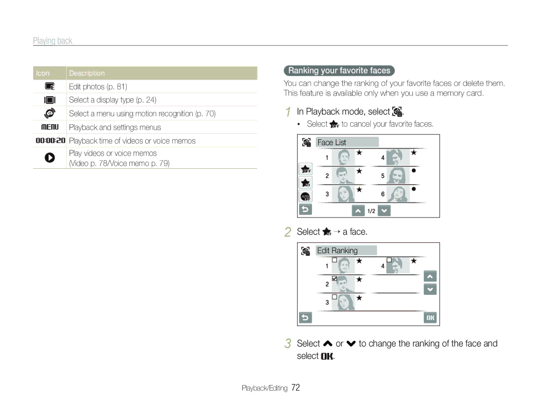 Samsung EC-ST600ZBDBVN Playback mode, select, Select “ a face, Select , or . to change the ranking of the face and select 