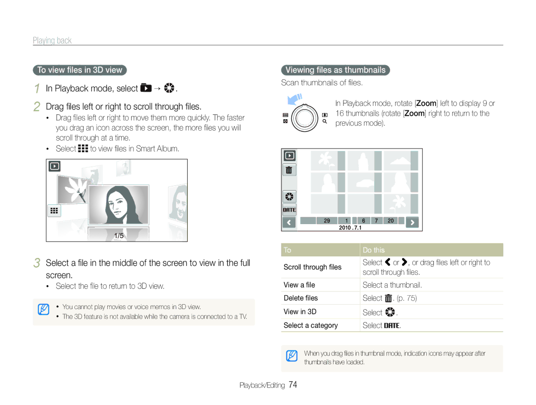 Samsung EC-ST600ZBPBE3 Select to view ﬁles in Smart Album, Viewing ﬁles as thumbnails, Select the ﬁle to return to 3D view 