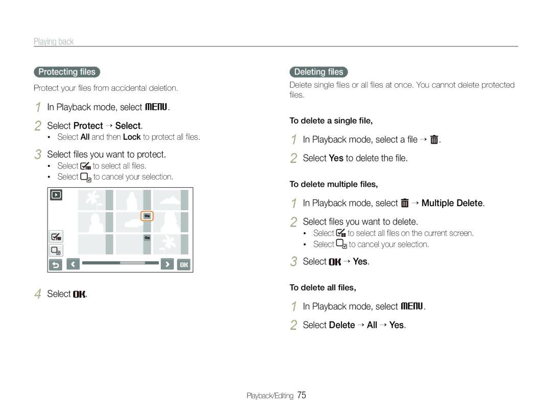 Samsung EC-ST600ZBPGE2 manual Select Protect ““Select, Select ﬁles you want to protect, Select Yes to delete the ﬁle 