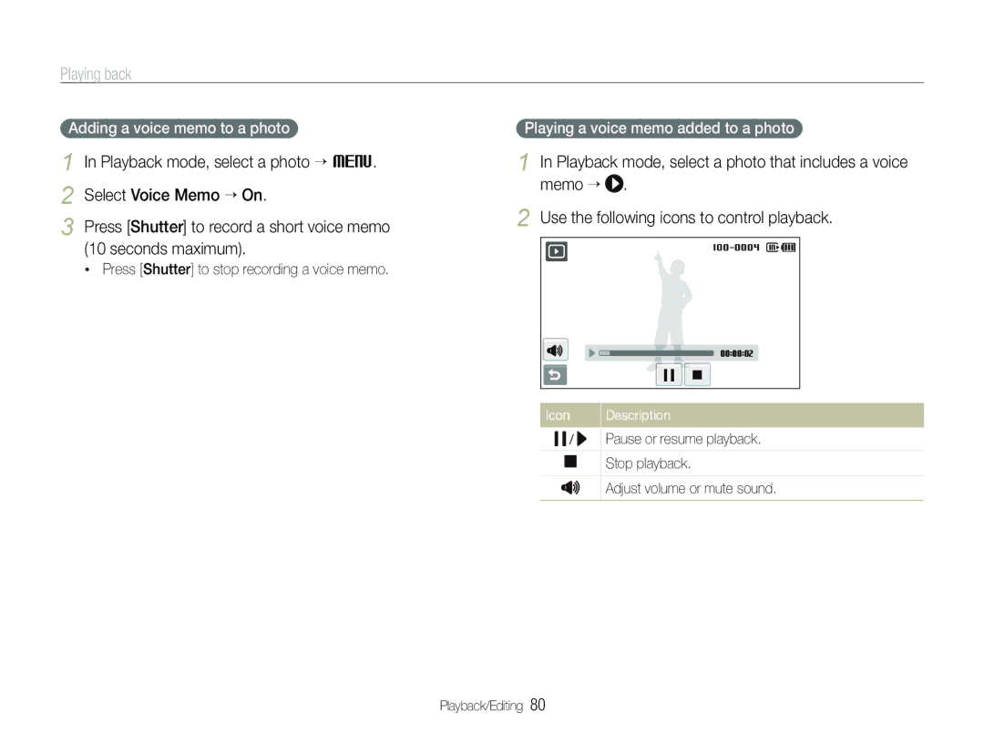 Samsung EC-ST600ZBPBRU Adding a voice memo to a photo, Playing a voice memo added to a photo, Pause or resume playback 