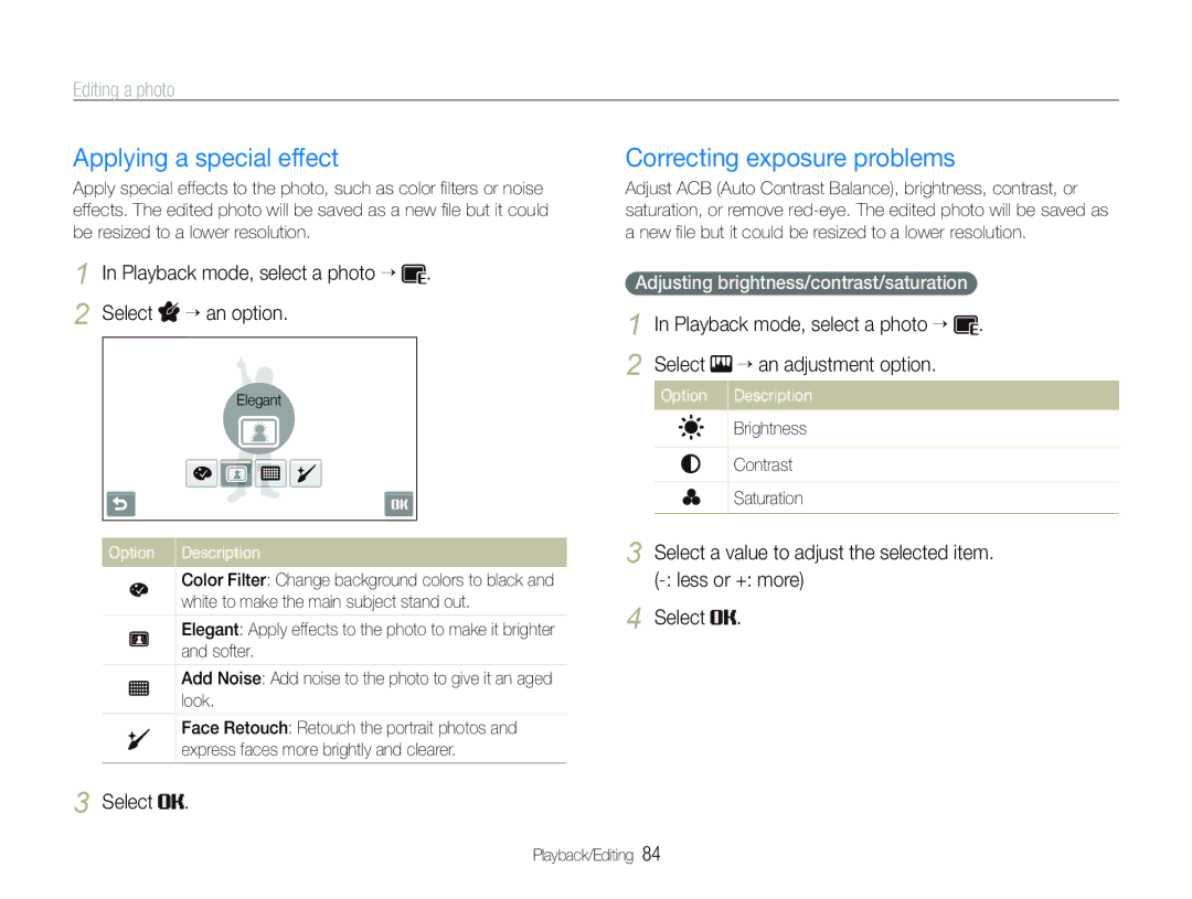 Samsung EC-ST600ZDDGTH Applying a special effect, Correcting exposure problems, Adjusting brightness/contrast/saturation 