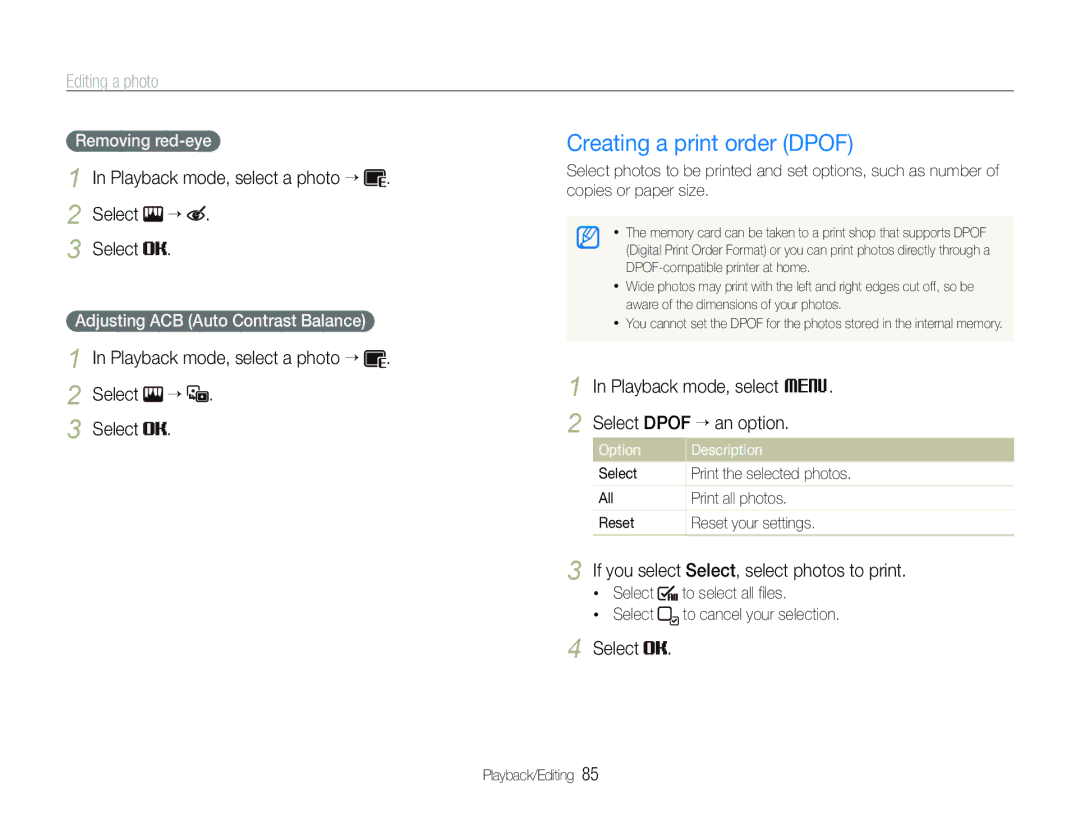 Samsung EC-ST600ZBPGIL manual Creating a print order Dpof, Playback mode, select a photo “ Select “, Removing red-eye 