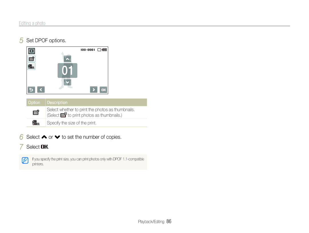 Samsung EC-ST600ZBPBIL, EC-ST600ZBPLE1, EC-ST600ZBPBE1 Set Dpof options, Select , or . to set the number of copies Select 