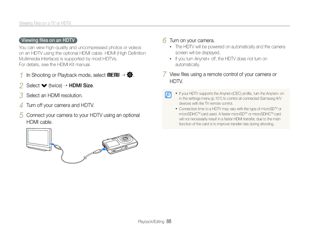 Samsung EC-ST600ZBPBE1, EC-ST600ZBPLE1, EC-ST600ZBPBIT, EC-ST600ZBPPIT, EC-ST600ZBPLIT manual Viewing ﬁles on a TV or Hdtv 