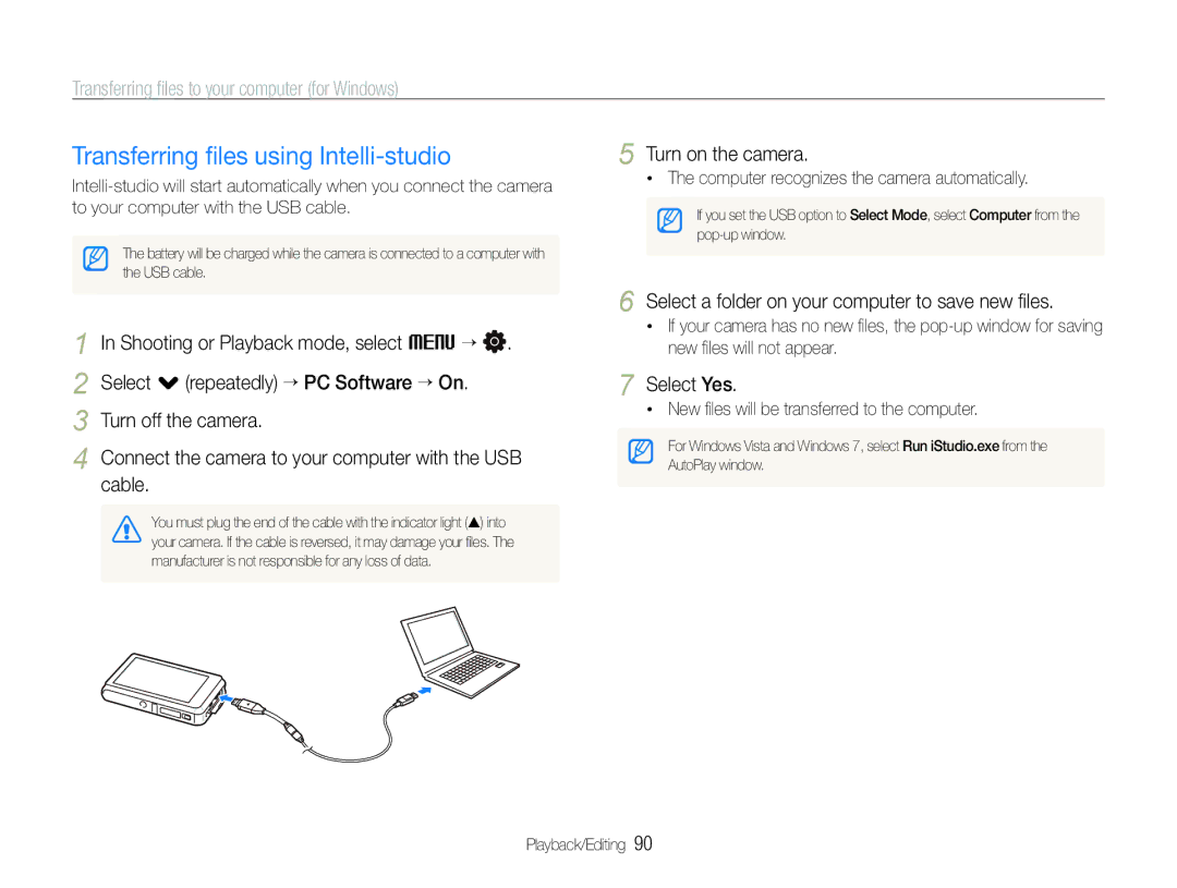 Samsung EC-ST600ZBPPIT manual Transferring ﬁles using Intelli-studio, Transferring ﬁles to your computer for Windows, Cable 