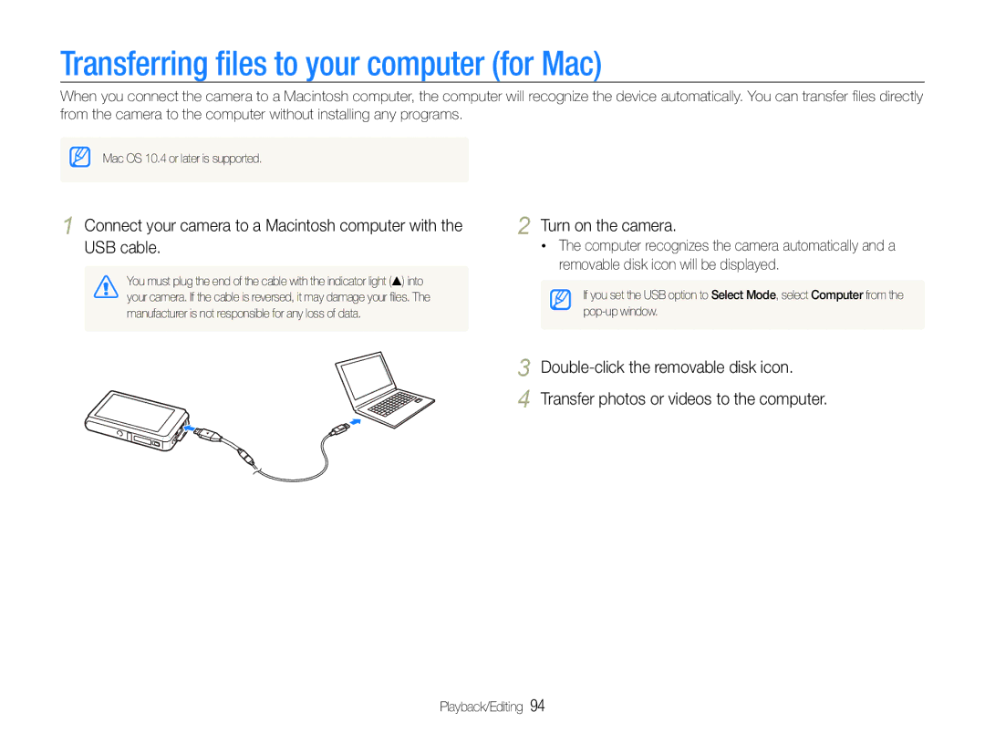 Samsung EC-ST600ZBDBVN, EC-ST600ZBPLE1, EC-ST600ZBPBE1, EC-ST600ZBPBIT manual Transferring ﬁles to your computer for Mac 