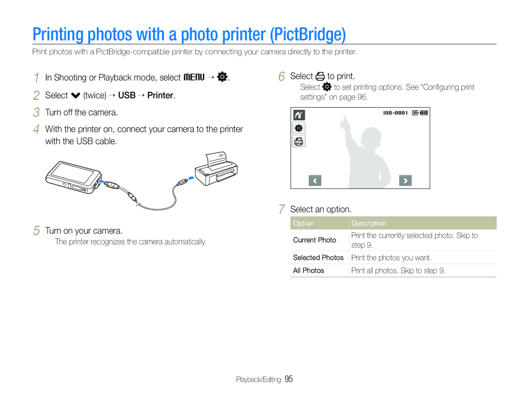 Samsung EC-ST600ZBPGE3 Printing photos with a photo printer PictBridge, Select . twice ““USB ““Printer, With the USB cable 