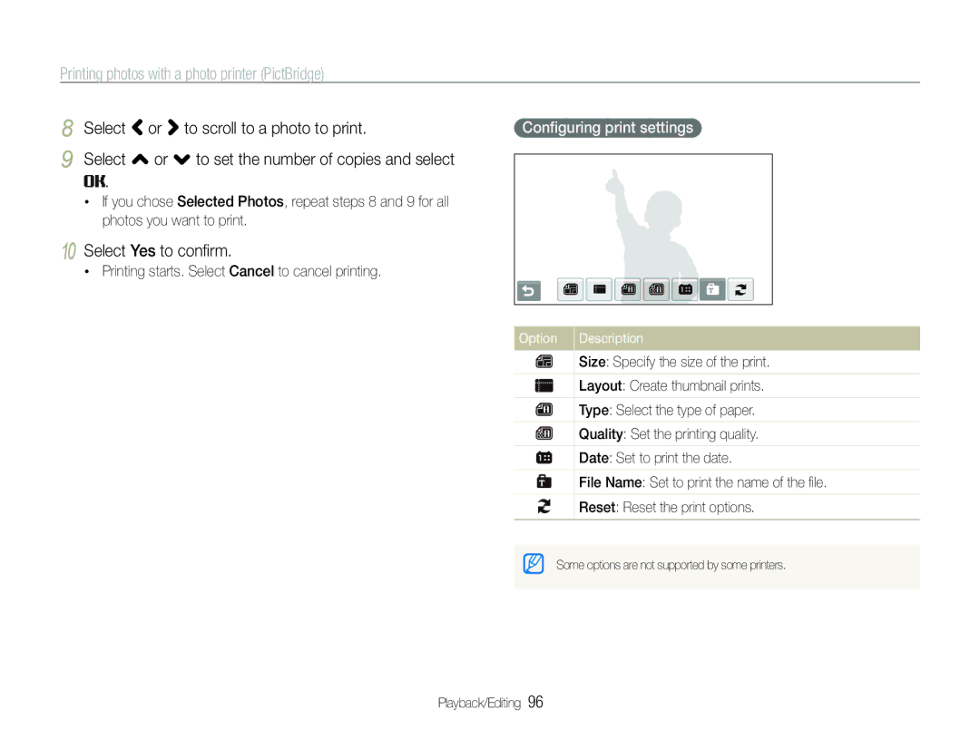 Samsung EC-ST600ZBPBE3 Printing photos with a photo printer PictBridge, Select Yes to conﬁrm, Conﬁguring print settings 