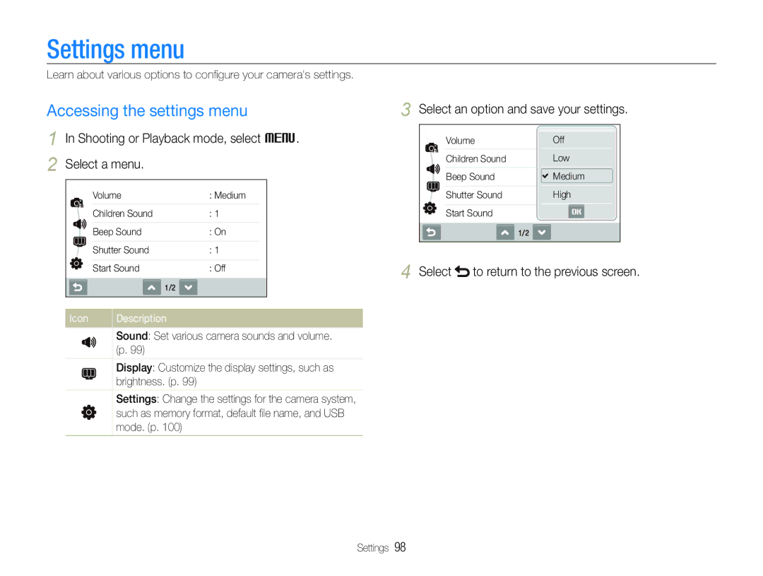 Samsung EC-ST600ZBPBE2 manual Settings menu, Accessing the settings menu, Shooting or Playback mode, select M Select a menu 