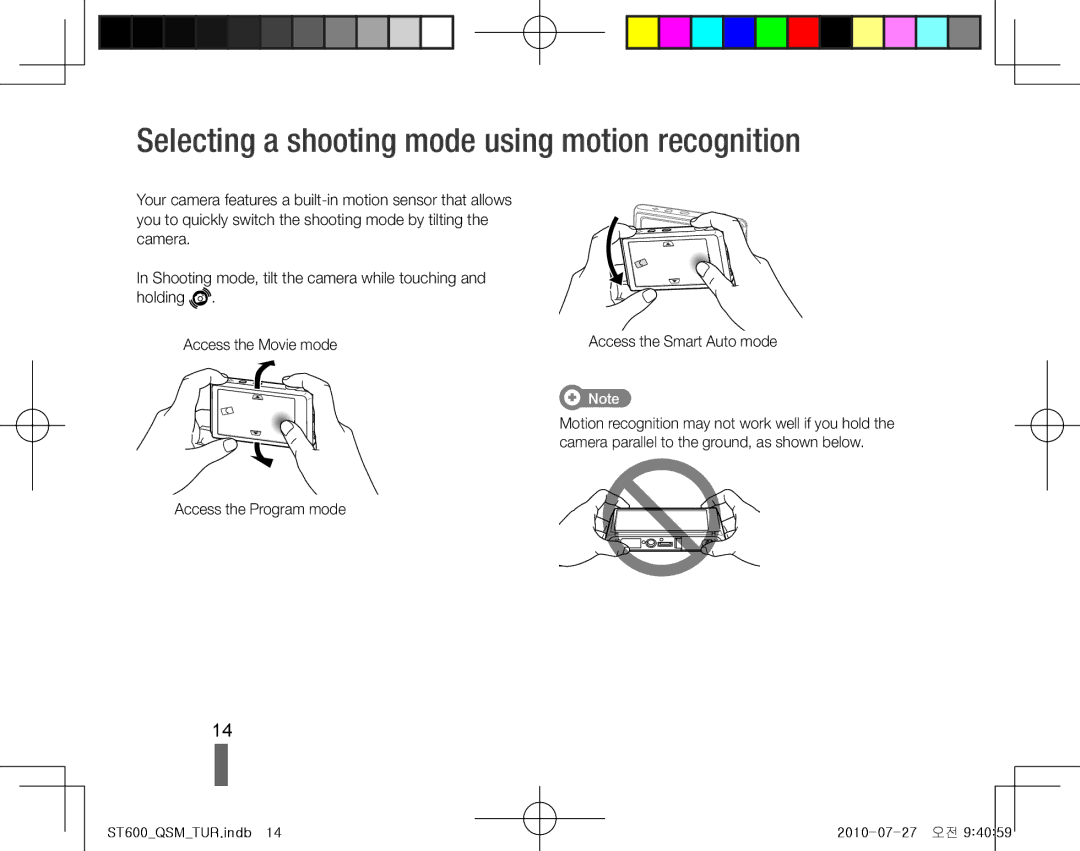 Samsung EC-ST600ZBPGRU, EC-ST600ZBPLE1 manual Selecting a shooting mode using motion recognition, Access the Program mode 