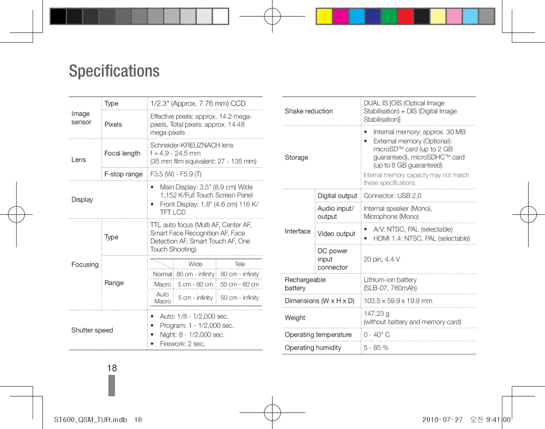 Samsung EC-ST600ZBPLIL, EC-ST600ZBPLE1, EC-ST600ZBPBE1, EC-ST600ZBPBIT, EC-ST600ZBPPIT manual Specifications, Approx .76 mm CCD 