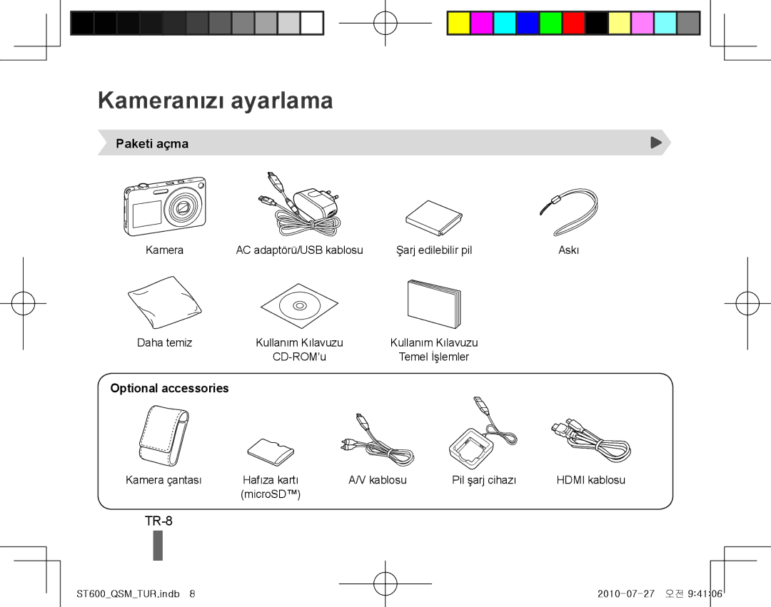 Samsung EC-ST600ZBPLIT, EC-ST600ZBPLE1, EC-ST600ZBPBE1 manual Kameranızı ayarlama, Kamera çantası, Kablosu Pil şarj cihazı 