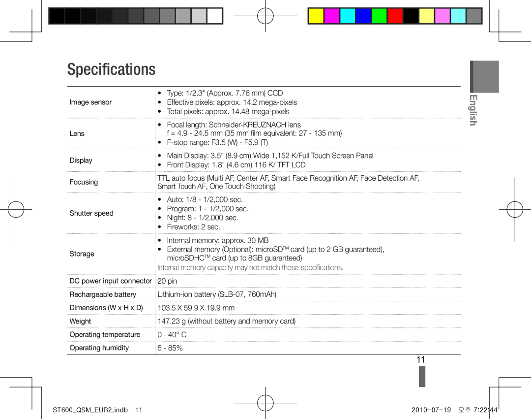 Samsung EC-ST600ZBPBE2, EC-ST600ZBPLE1, EC-ST600ZBPBE1, EC-ST600ZBPBIT, EC-ST600ZBPPIT, EC-ST600ZBPLIT manual Specifications 