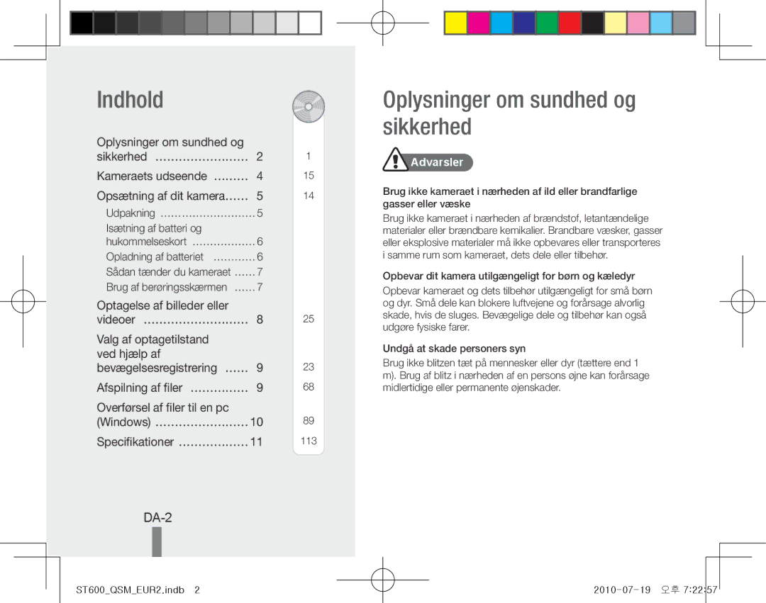 Samsung EC-ST600ZBPGE2, EC-ST600ZBPLE1, EC-ST600ZBPBE1 manual Indhold, Oplysninger om sundhed og sikkerhed, DA-2, Advarsler 