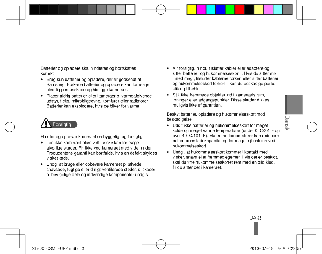 Samsung EC-ST600ZBPBE2, EC-ST600ZBPLE1 manual DA-3, Batterier og opladere skal håndteres og bortskaffes korrekt, Forsigtig 