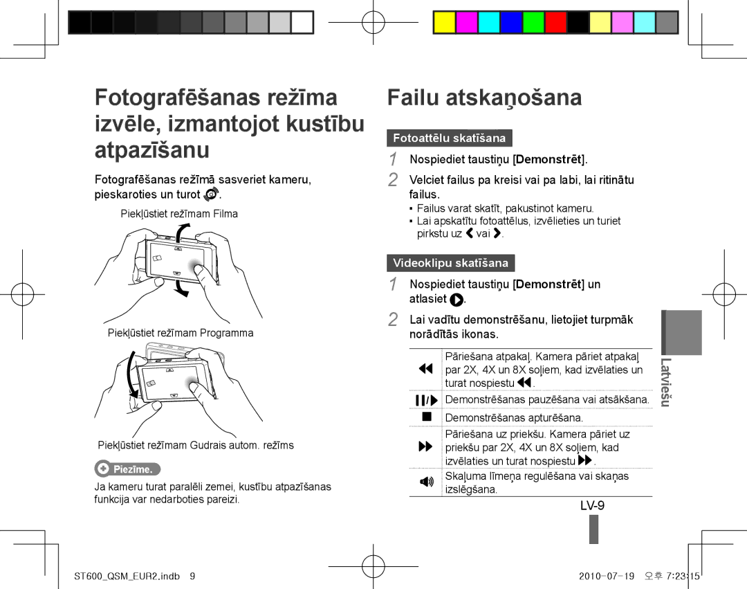 Samsung EC-ST600ZBPBRU manual Fotografēšanas režīma izvēle, izmantojot kustību atpazīšanu, Failu atskaņošana, LV-9 