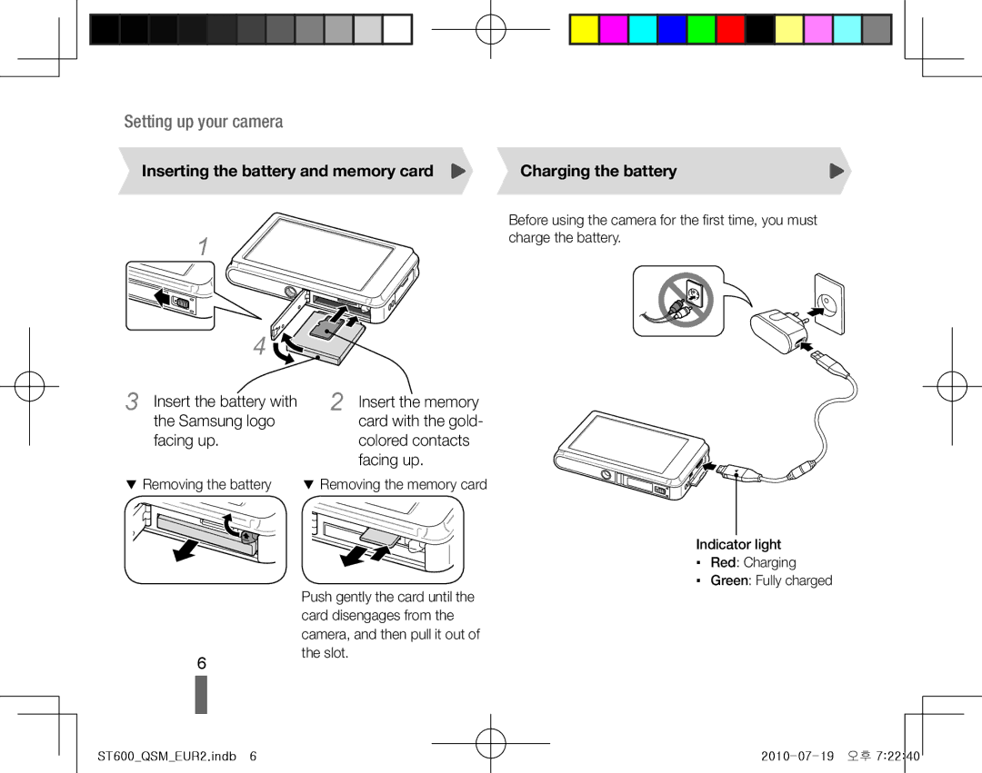 Samsung EC-ST600ZBPGE1 manual Inserting the battery and memory card, Insert the battery with Insert the memory Samsung logo 