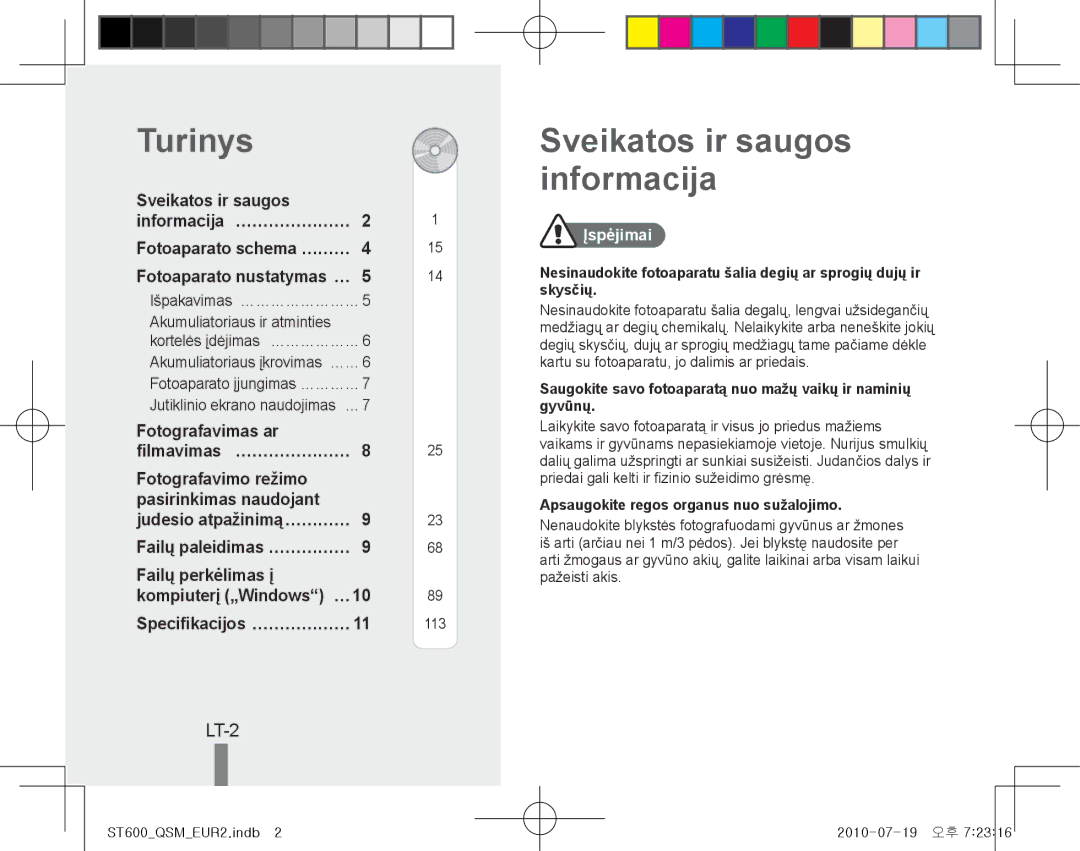 Samsung EC-ST600ZBPLIL, EC-ST600ZBPLE1, EC-ST600ZBPBE1 manual Turinys, Sveikatos ir saugos informacija, LT-2, Įspėjimai 