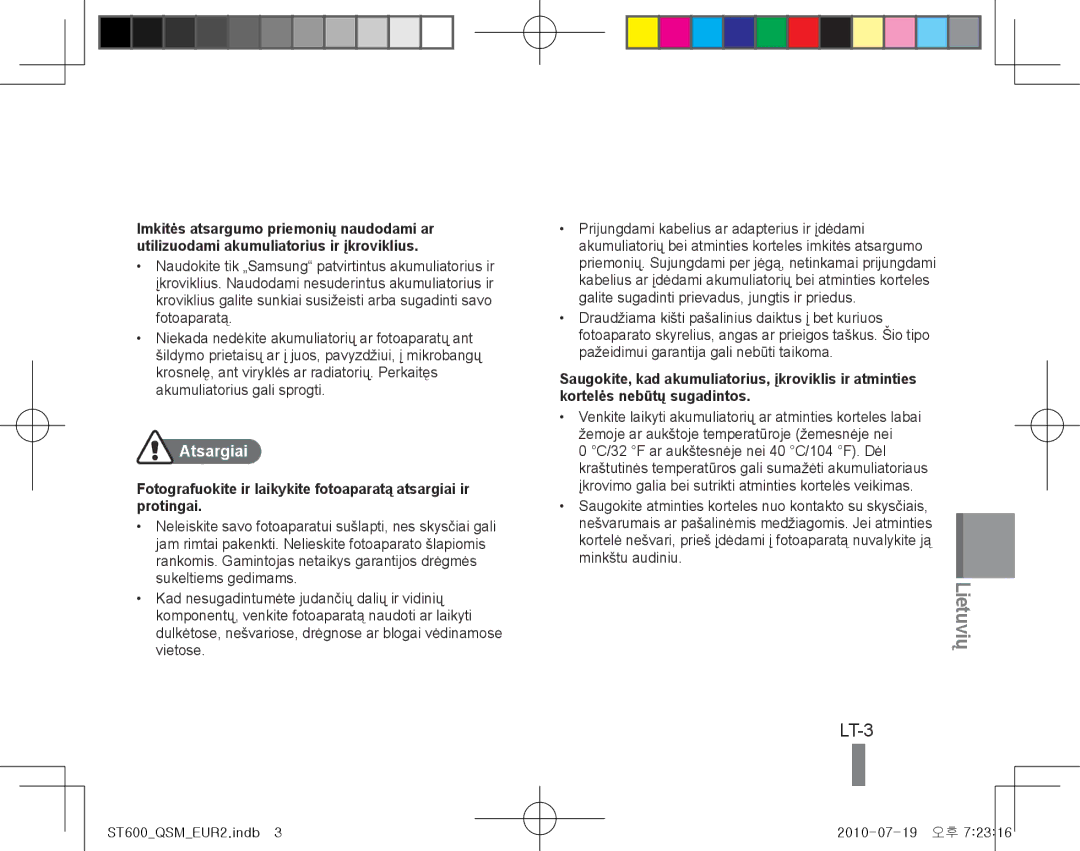 Samsung EC-ST600ZDDGTH, EC-ST600ZBPLE1, EC-ST600ZBPBE1, EC-ST600ZBPBIT, EC-ST600ZBPPIT, EC-ST600ZBPLIT manual LT-3, Atsargiai 