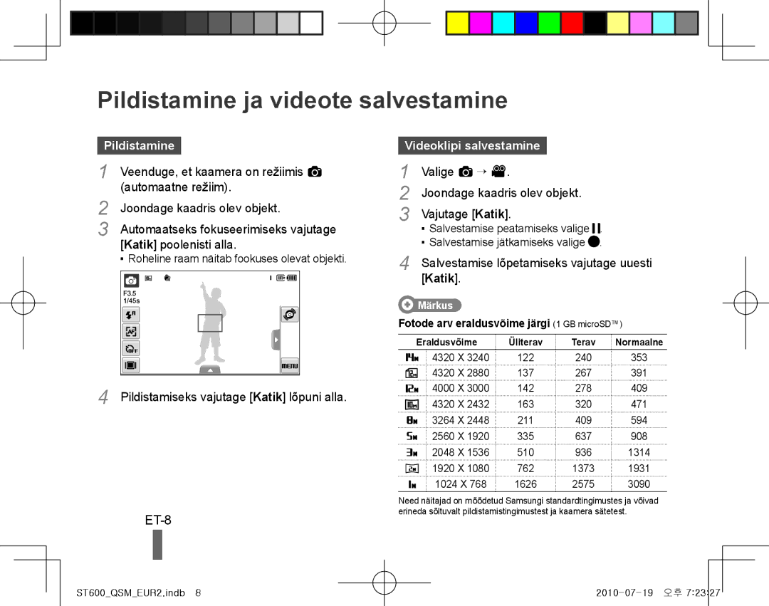 Samsung EC-ST600ZBPLE2, EC-ST600ZBPLE1 manual Pildistamine ja videote salvestamine, ET-8, Videoklipi salvestamine, Katik 