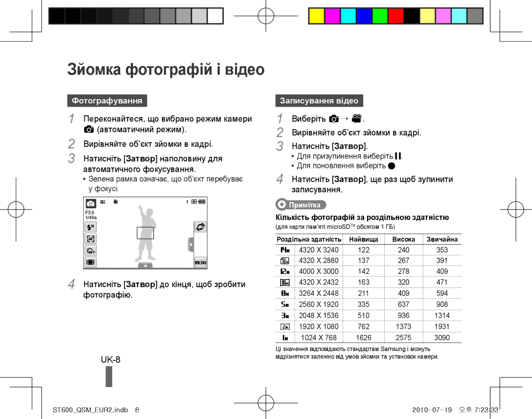 Samsung EC-ST600ZBPLE1, EC-ST600ZBPBE1, EC-ST600ZBPBIT, EC-ST600ZBPPIT manual UK-8, Фотографування, Записування відео 