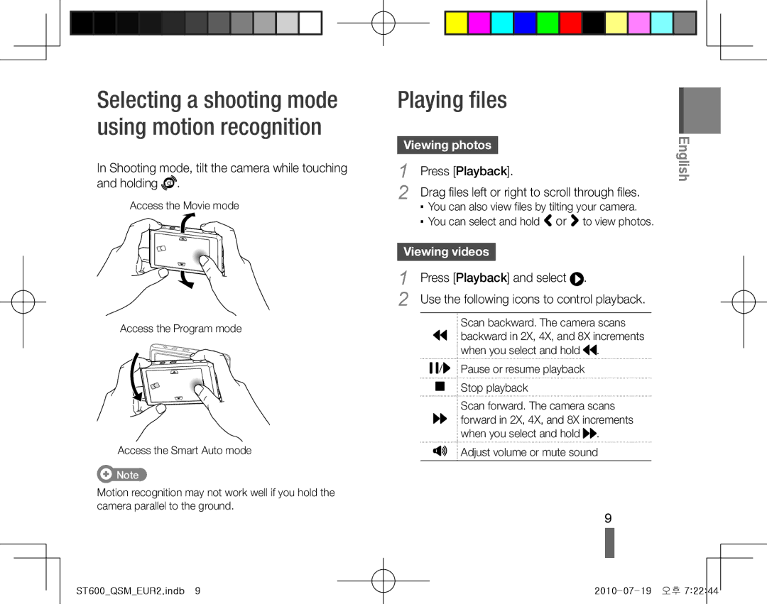 Samsung EC-ST600ZBPBE3 manual Playing files, Shooting mode, tilt the camera while touching and holding, Viewing photos 