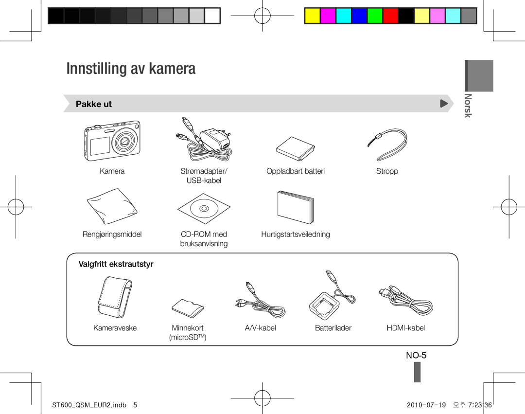 Samsung EC-ST600ZBDBVN, EC-ST600ZBPLE1, EC-ST600ZBPBE1 manual Innstilling av kamera, NO-5, Pakke ut, Valgfritt ekstrautstyr 